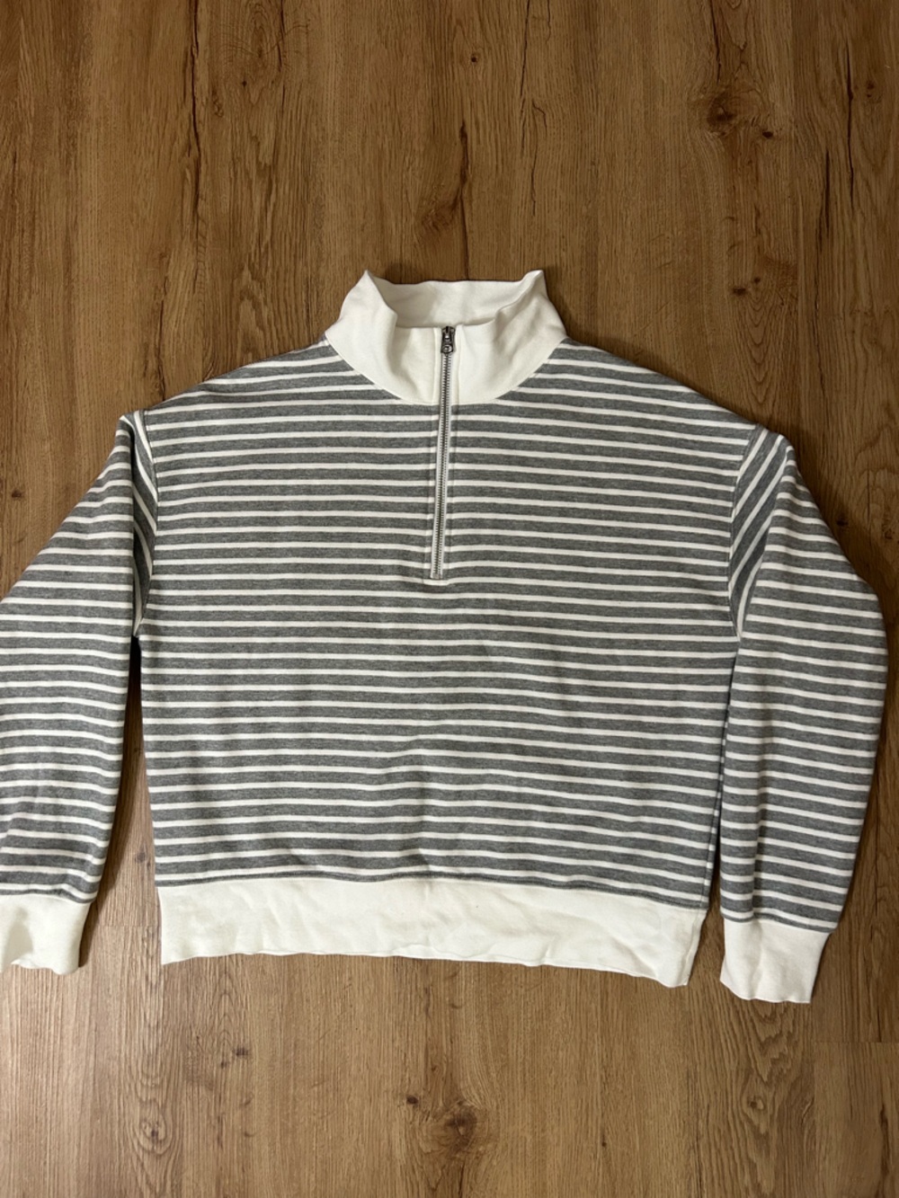 J. Crew Gray and White Striped Half-Zip Sweatshirt